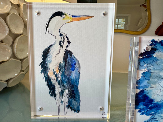 Standing Heron – Original 5x7 Watercolor in Acrylic Frame