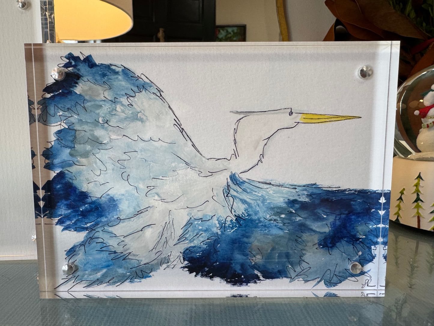 Heron in Flight – Original 5x7 Watercolor in Acrylic Frame