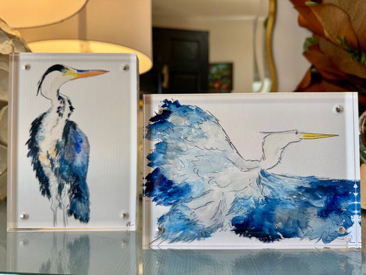Coastal Heron Pair – Set of Two Original 5x7 Watercolors in Acrylic Frames