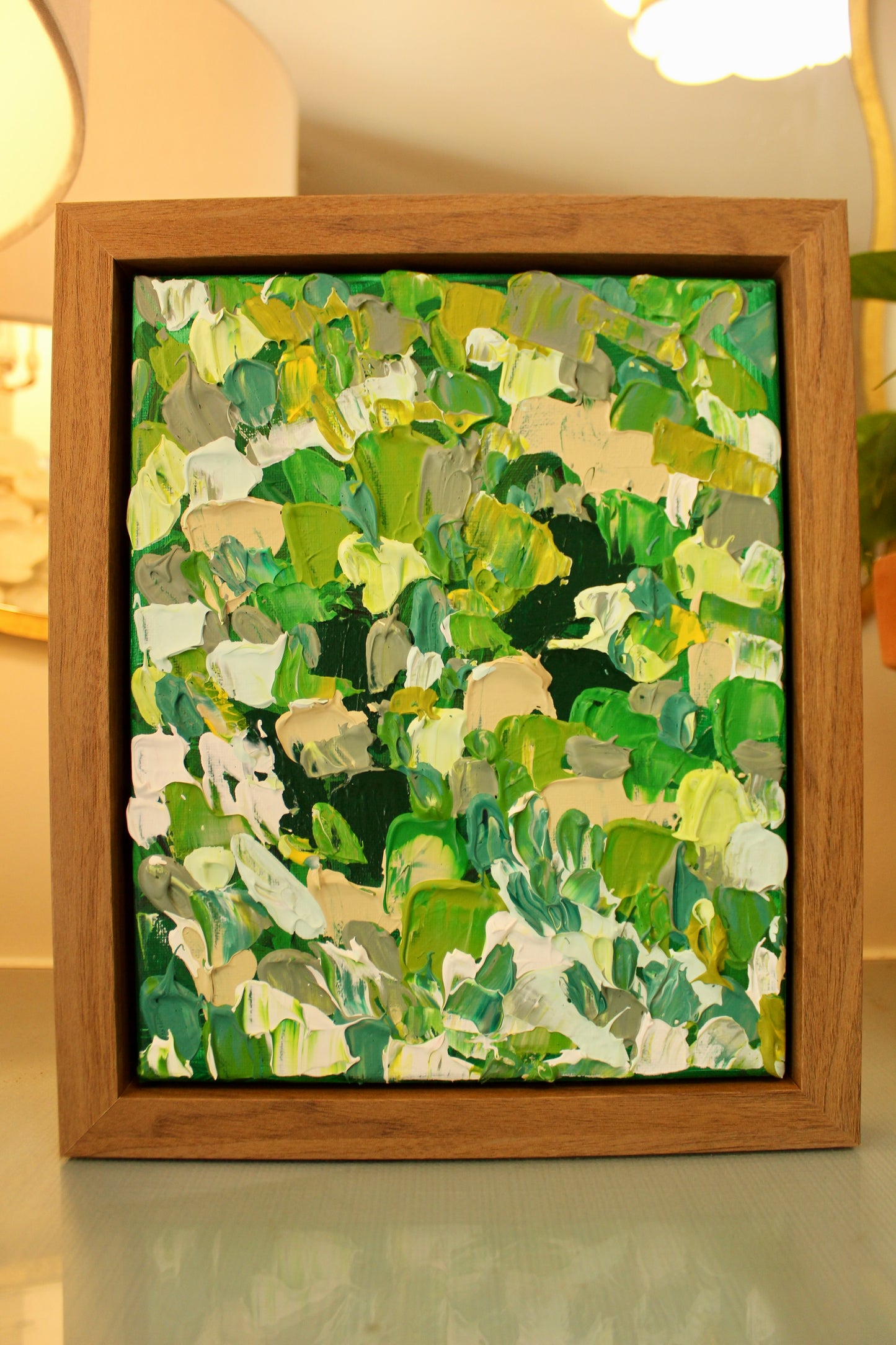 Green Abstract Acrylic Painting on Canvas | 8x10 Framed Original Art | Textured Botanical-Inspired Wall Decor