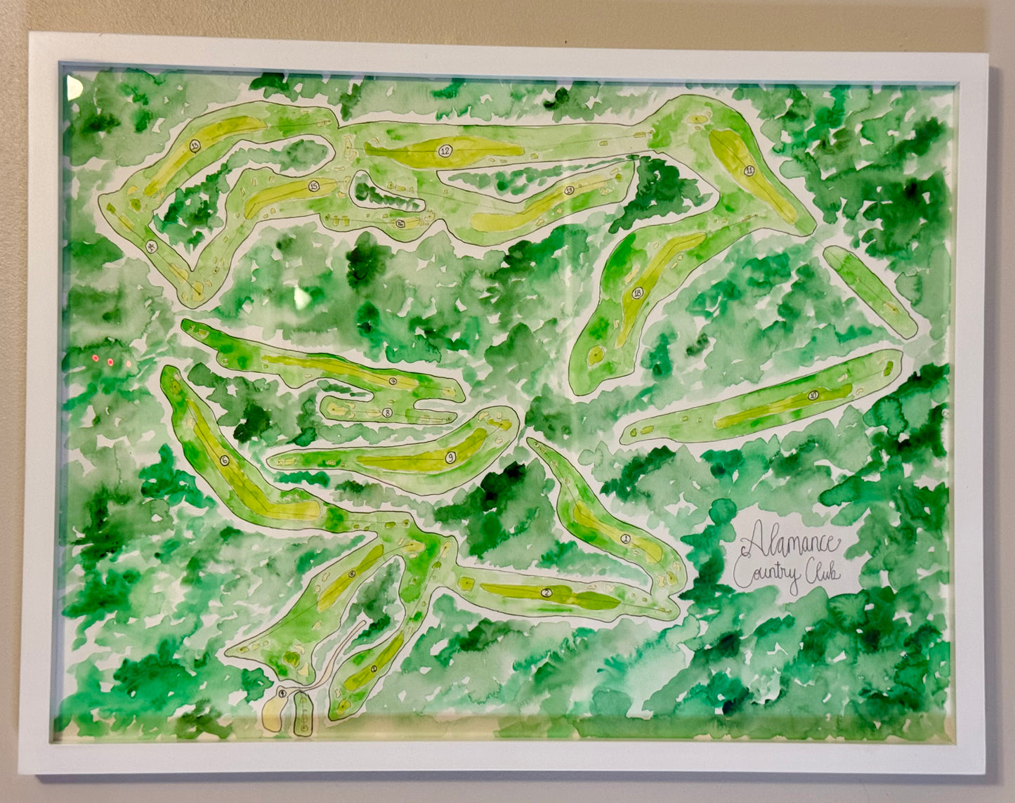 Alamance Country Club Golf Map | Original Watercolor Painting | 18x24” White Frame (Exclusive Artwork)