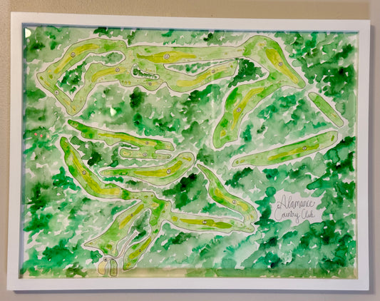 Alamance Country Club Golf Map | Original Watercolor Painting | 18x24” White Frame (Exclusive Artwork)