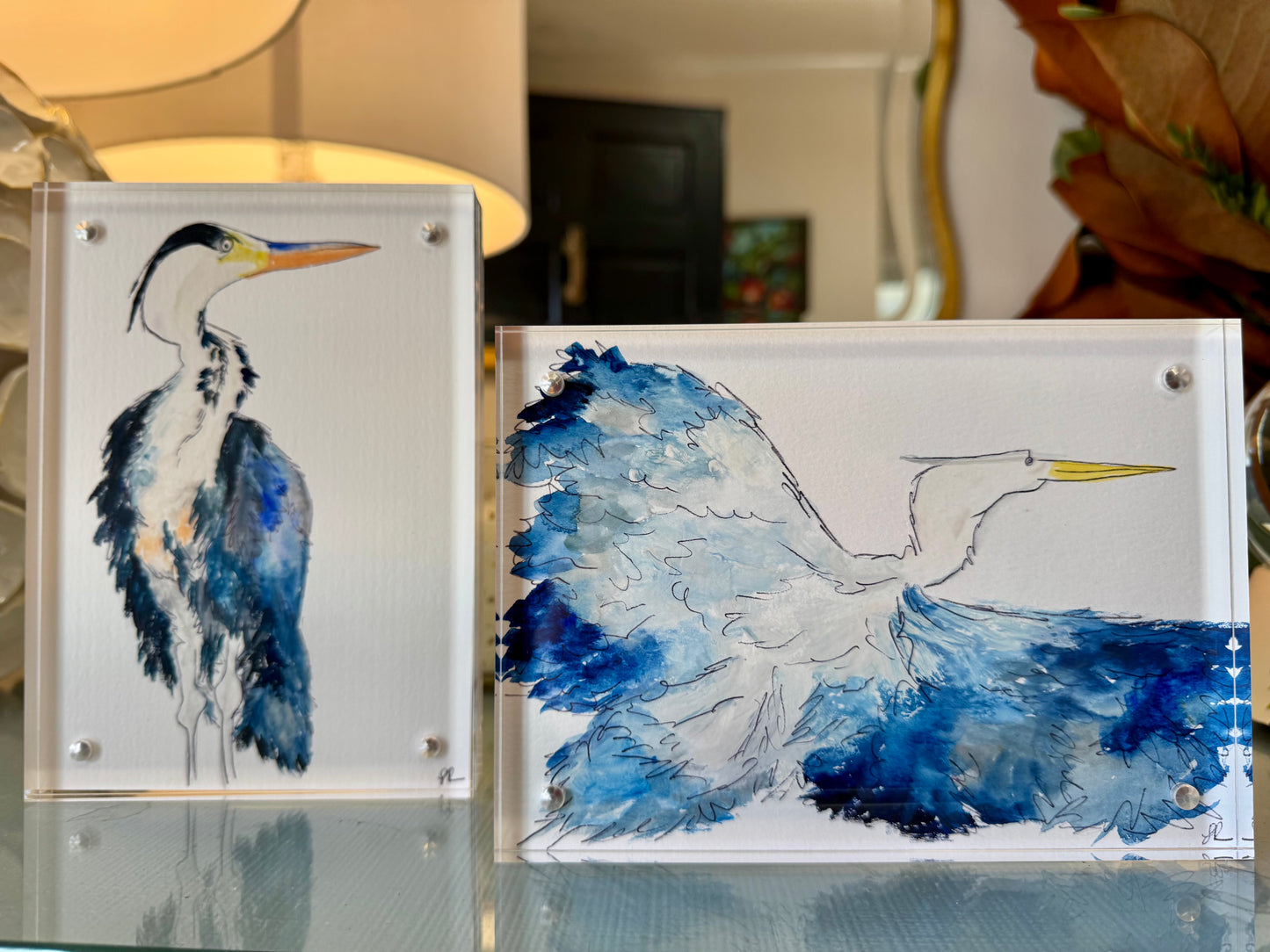 Standing Heron – Original 5x7 Watercolor in Acrylic Frame