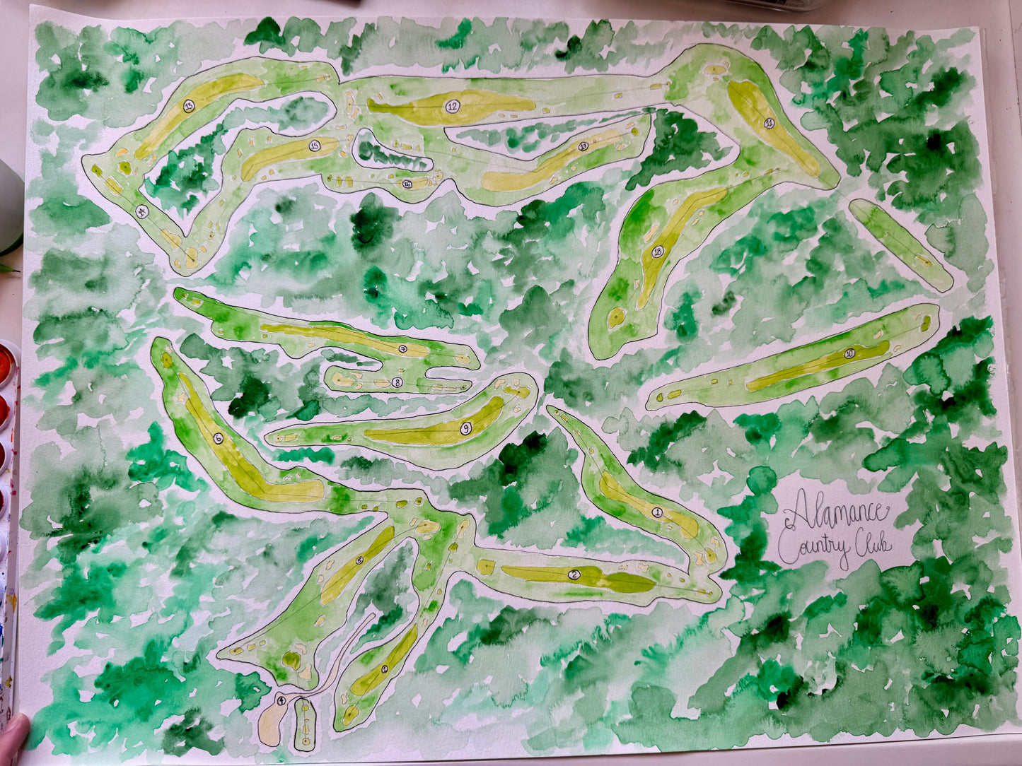 Alamance Country Club Golf Map | Original Watercolor Painting | 18x24” White Frame (Exclusive Artwork)