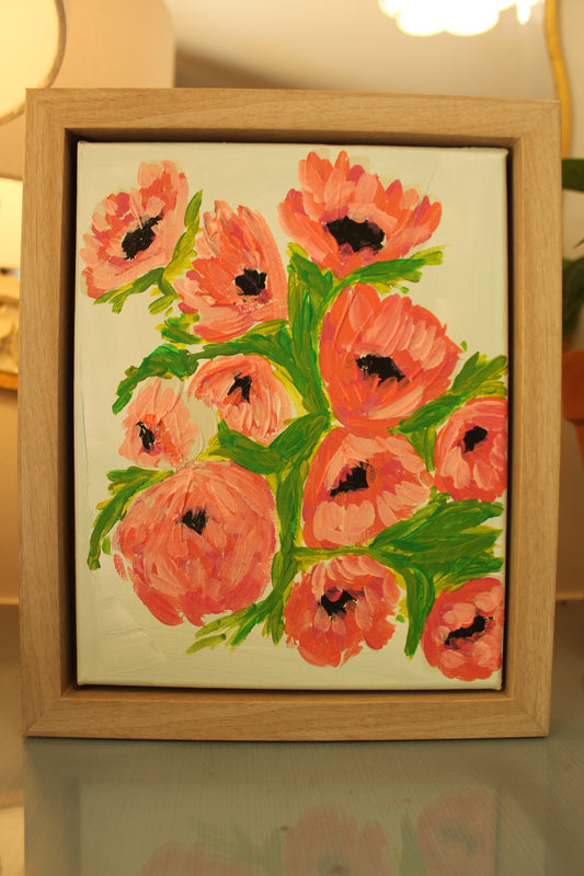 Pink Floral Acrylic Painting | 8x10 Framed Original Flower Art | Modern Impressionist Bouquet Wall Decor